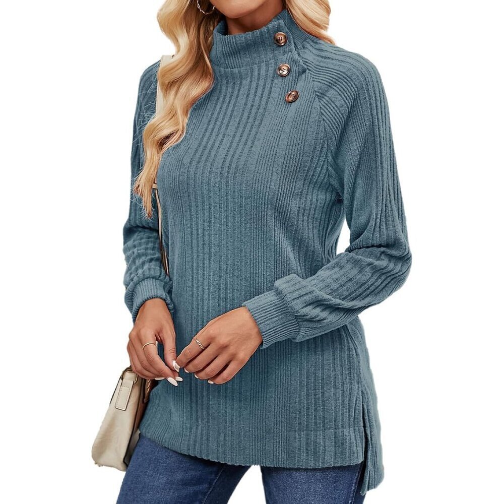 Womens Long Sleeve Turtleneck Tunic Top High Low Hem Casual Elegant